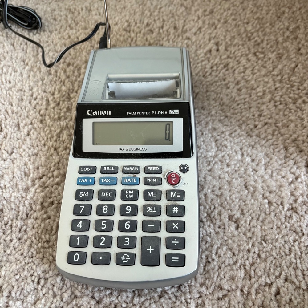 Canon P1 DHV Palm Printer 12 Digit Tax‎ Business Calculator w AC Adapter Working